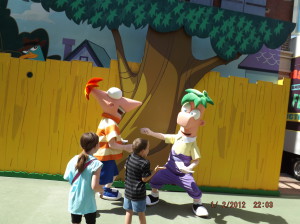 We got to meet Phineas and Ferb as they used the kids' giant pencils to sword fight. Ferb won.